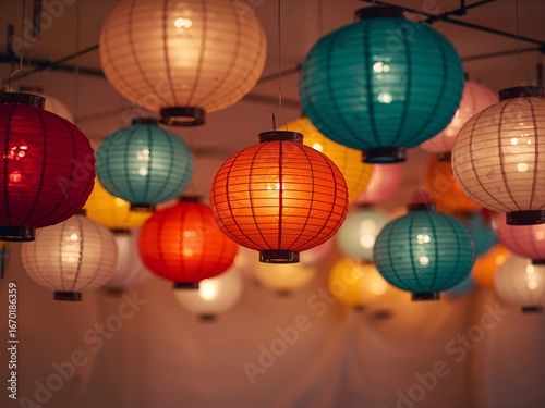 Lantern Array. A Spectrum of Glowing Paper Globes, Suspended in Warm Light.