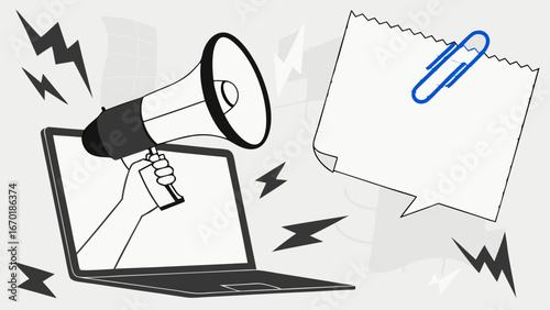Online announcement laptop screen megaphone important message digital marketing urgent notification computer communication attention grabbing business concept social media promotion website banner we.