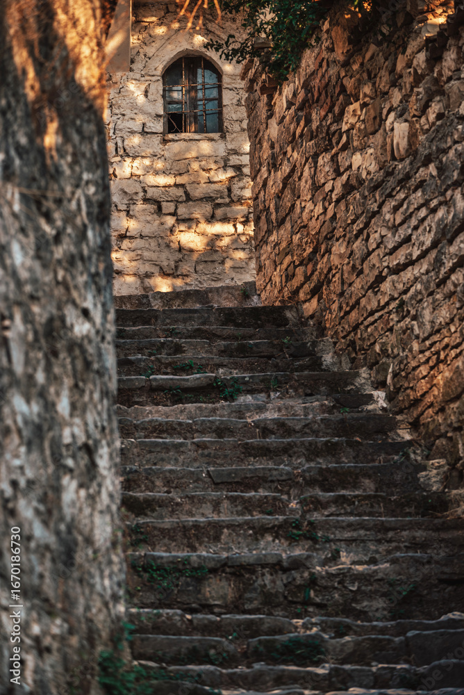 Fototapeta premium Stone Stair in Gorica Historic District of Berat