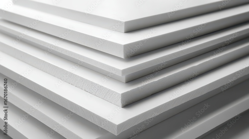 Fototapeta premium A 4K photo of pVC white plastic sheets stacked for construction and design applications showcasing their light weight and durability in a monochrome setting.