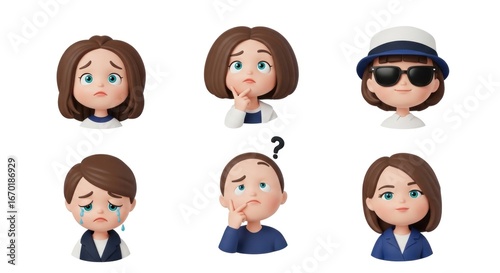 Six cartoon faces depict diverse emotions; sad, thinking, curious, and confident on a plain white backdrop