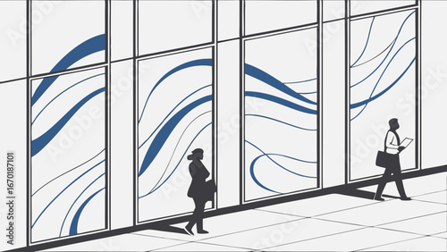 Abstract Blue Wave Pattern on Modern Building Facade with Silhouettes of People Walking.