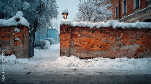 A red brick wall with snow on it and a lamp on top. The wall is in front of a building