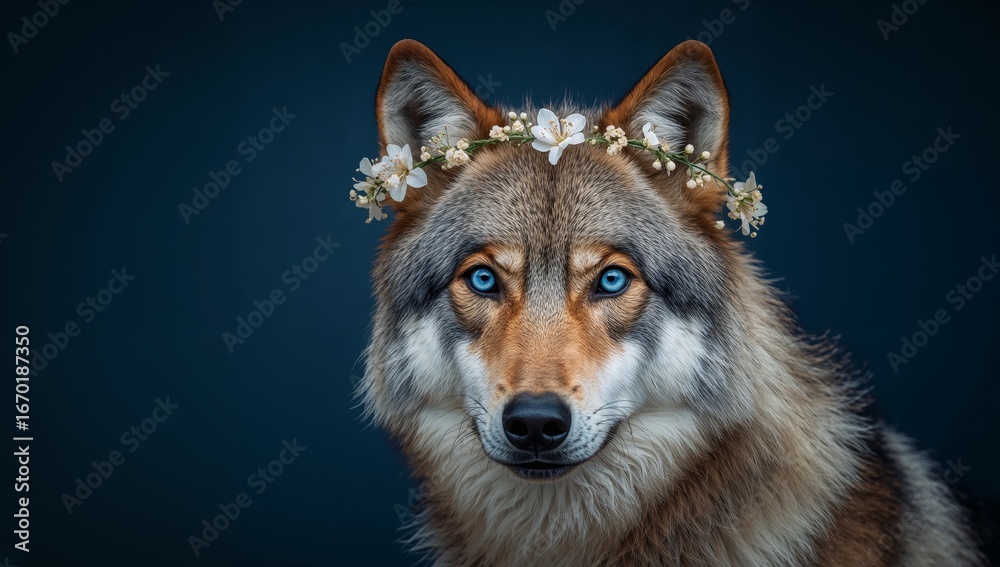 Fototapeta premium Portrait of a Mystical Creature with Floral Adornment and Intense Gaze.