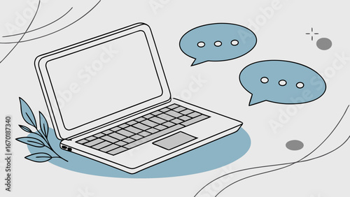 Laptop with blank screen and speech bubbles online communication concept illustration.