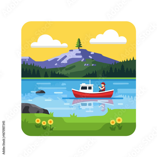 fishing boat on lake man fishing from a red boat on a serene lake surrounded by mountains illustrating a peaceful recreational activity in nature travel destination