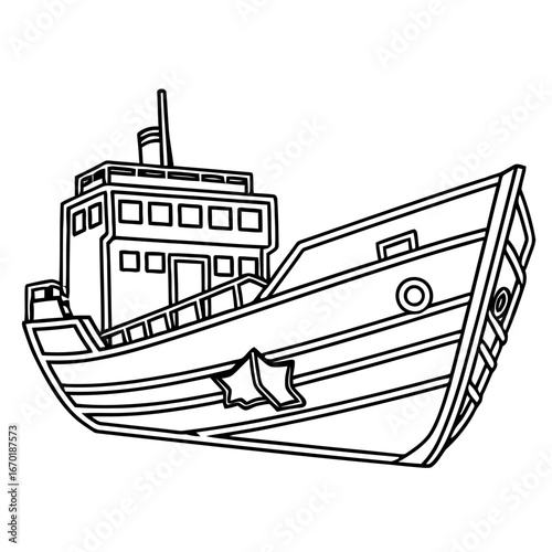 Outline fishing boat floating on the water a vessel used for catching fish and seafood a nautical industry in the ocean promoting maritime themes