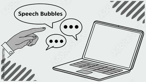 Hand Pointing at Speech Bubbles Over Laptop.