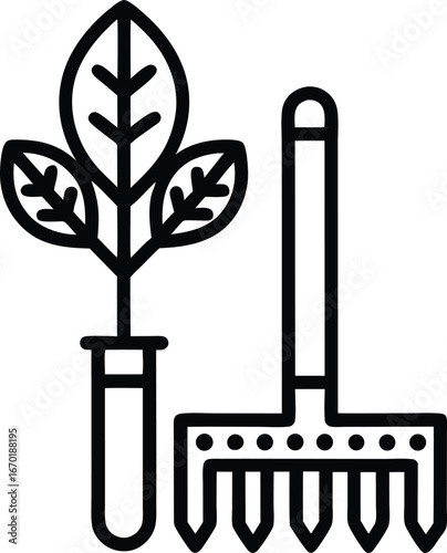 Minimalist black line icon of a garden hoe tool with a leaf sprouting.