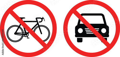 No bicycle sign, no car sign, prohibition symbols, traffic restriction icons, red circle, vehicle ban, safety, pedestrian zone, warning