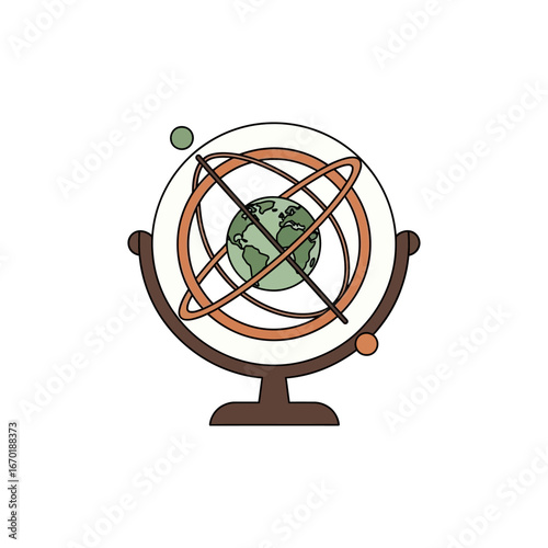 Armillary sphere orbiting earth a retro-futuristic globe conveying exploration and discovery great for science blogs education resources and historical websites.