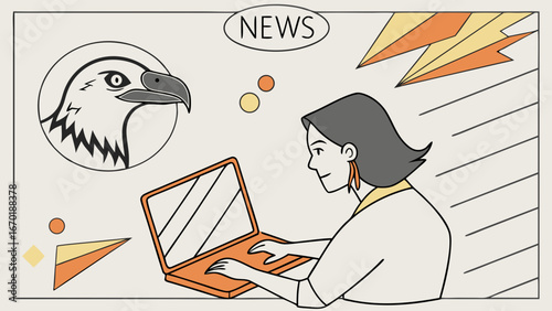 News Illustration with Person Laptop and Eagle Symbol.