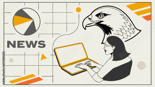 Stylized illustration of a person working on a laptop with an eagle graphic representing news reporting or journalism.