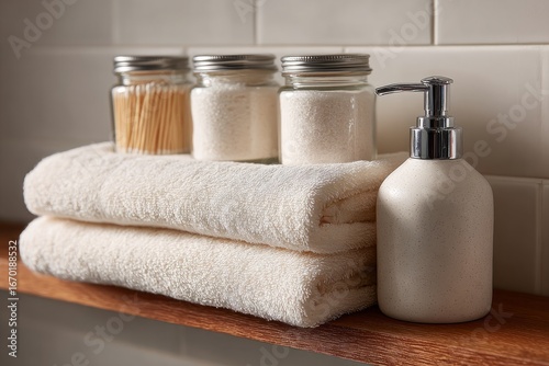 Towels and toiletries on a wooden shelf in a bathroom.