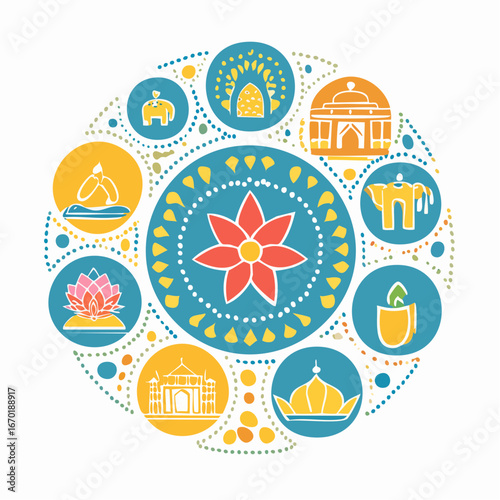 Indian culture vector icon set with mandala, lotus, diya, Taj Mahal, elephant, peacock, yoga, and food symbols. Clean minimal design, scalable for creative projects