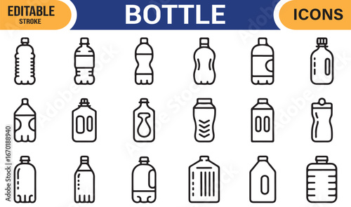 Detailed Vector Icons of Bottles, Various Shapes and Sizes, Editable Stroke
