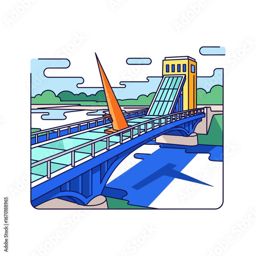 bridge illustration modern lift bridge design with its orange spire reflected in the blue river graphic architectural representation for travel design concepts.