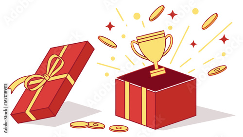 Golden Trophy Surprise in Gift Box with Coins Illustration.