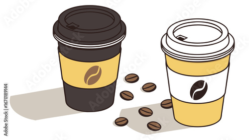 Two Disposable Coffee Cups Coffee Beans Scattered.