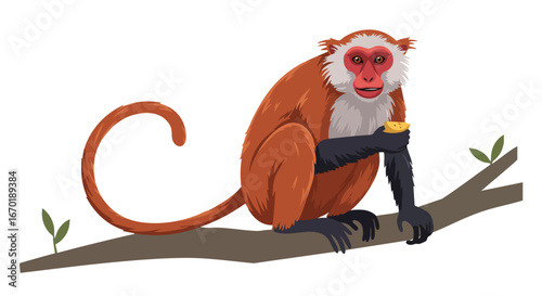 A red monkey sitting on a tree branch, eating a piece of fruit.