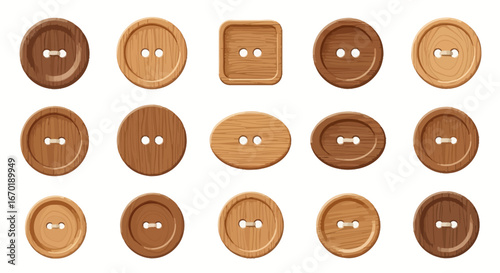Vector Icons Set of Collection of assorted wooden sewing buttons in various shapes and sizes isolated on a white background. Vector Illustrations. EPS Editable