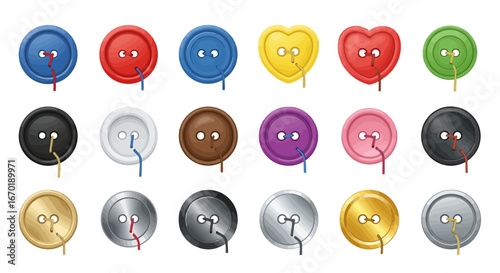 Vector Icons Set of Collection of colorful realistic sewing buttons in various shapes and materials. Vector Illustrations. EPS Editable
