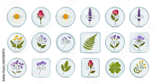 Vector Icons Set of Collection of preserved flowers and leaves in resin art coasters. Vector Illustrations. EPS Editable