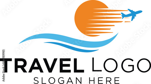 Travel logo design, sun and airplane icon, ocean wave graphic, adventure branding, vacation, tourism, motion, freedom, orange, blue