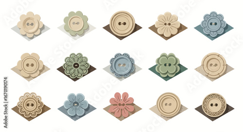 Vector Icons Set of Collection of vintage inspired sewing buttons in various shapes and colors. Vector Illustrations. EPS Editable