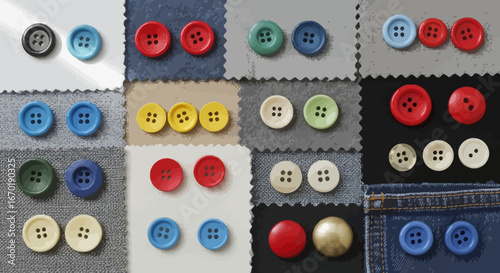 Vector Icons Set of Colorful assortment of various sewing buttons on different fabric swatches. Vector Illustrations. EPS Editable