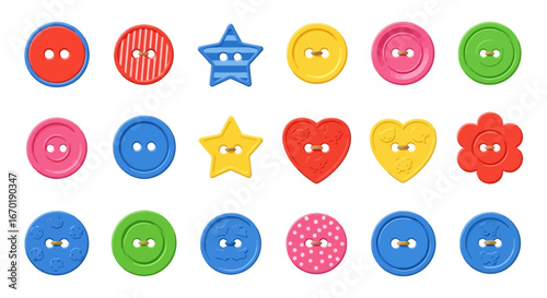 Vector Icons Set of Colorful Collection of Sewing Buttons in Various Shapes and Designs. Vector Illustrations. EPS Editable