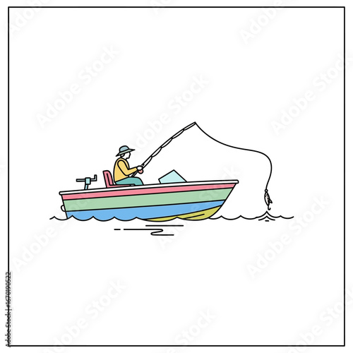 Fishing from a boat angler casting a fishing line in a colorful boat on a calm lake illustrating recreation leisure and the joy of angling