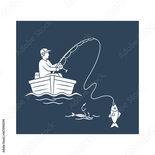 Fishing from a boat angling and reeling in a fish with a fishing rod on a lake illustrating outdoor recreation and the sport of fishing