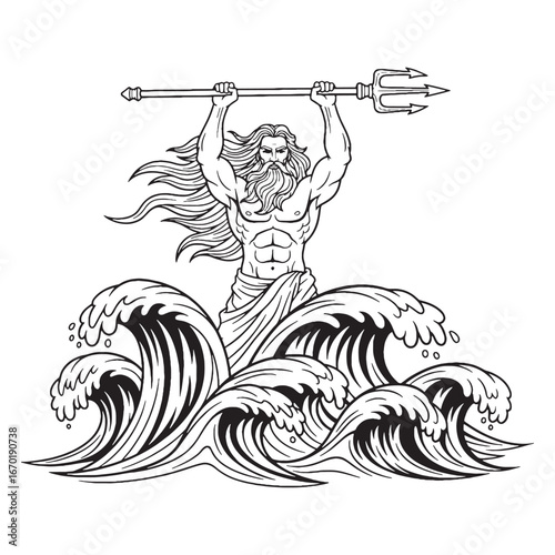 Poseidon Line Art – God of Oceans Vector Outline Drawing with Flowing Waves – Poseidon Drawing – Vector of Poseidon – Poseidon Outline – Greek God Lineart