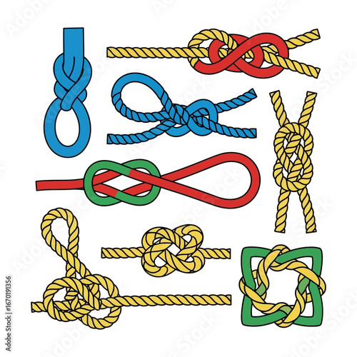 knot tying guide different rope knots showing various binding techniques in a vector illustration for sailing climbing and crafting projects.