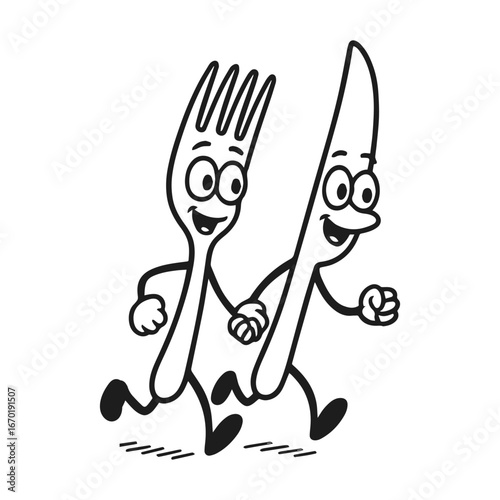 Cartoon fork and knife walking hand in hand with smiling faces, vector illustration on transparent background