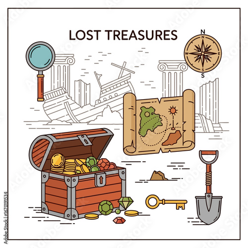 Lost treasures adventure map leading to buried riches an open treasure chest and old shipwreck backdrop ideal for history and exploration themes.