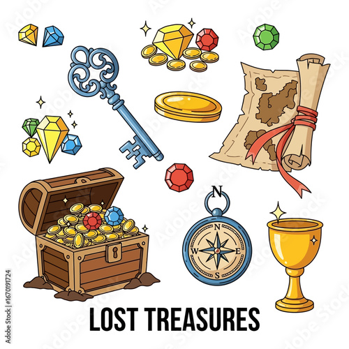 Lost treasures illustration chest overflowing with gold coins map key compass and gem stones ideal for adventure game design or pirate history books.