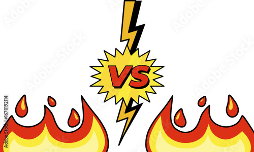 A fiery graphic depicts a dramatic VS showdown, complete with a powerful lightning bolt and stylized flames, conceptualizing a confrontation or competitive event