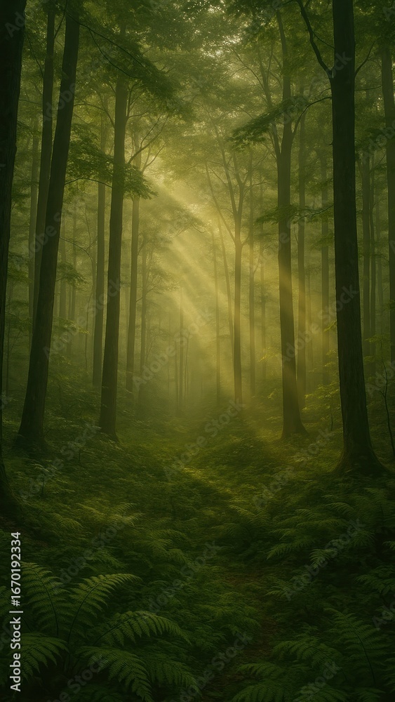 Obraz premium Sunlit forest with lush greenery.