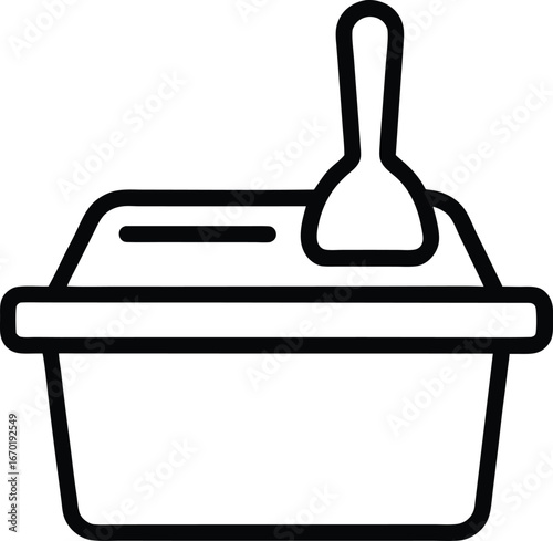 Minimal line art icon of a cat litter box with scoop. 