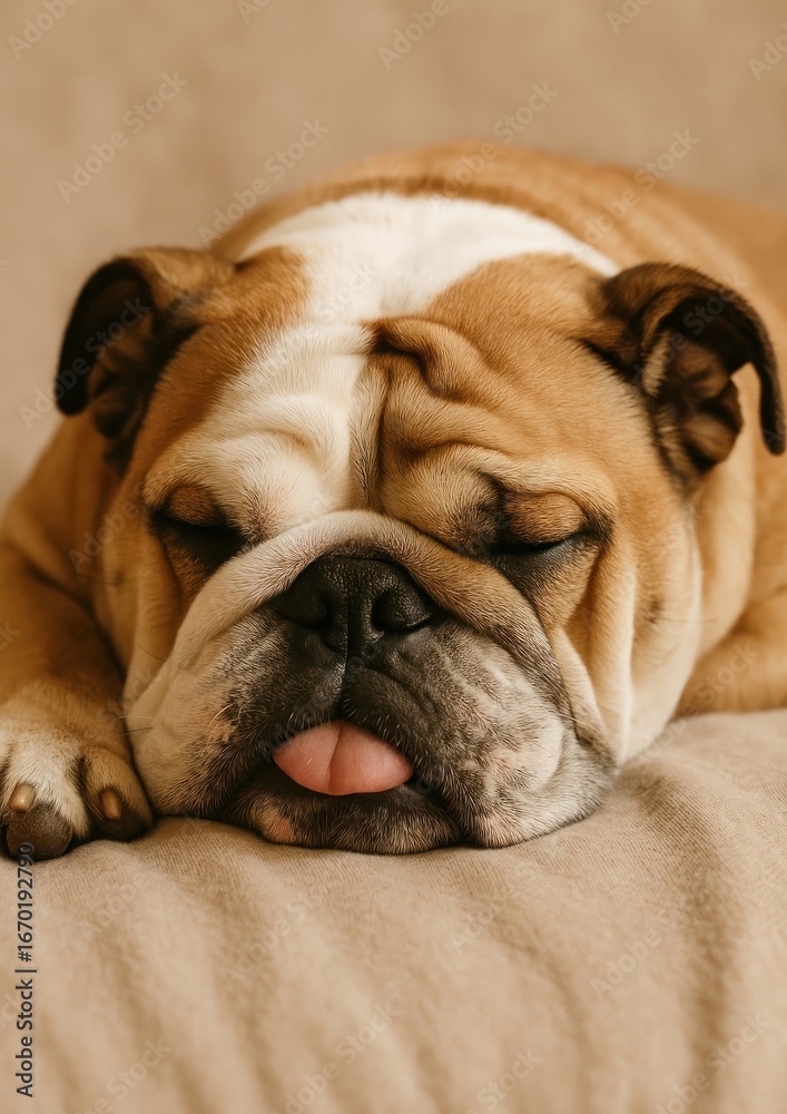 Fototapeta premium Sleeping bulldog on soft bed.