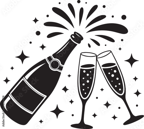 Champagne bottle and two glasses black silhouette icons. Simple vector illustration
