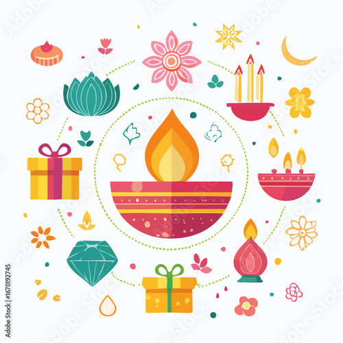 Diwali festival vector icon set with diya, rangoli, fireworks, and sweets. Clean flat design on white background, perfect for celebration graphics.
