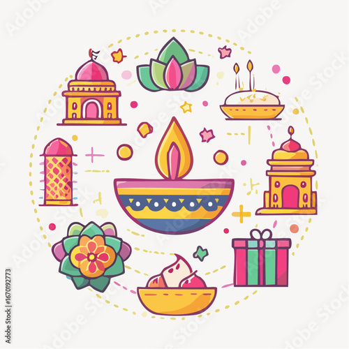 Diwali festival vector icon set with diya, rangoli, fireworks, and sweets. Clean flat design on white background, perfect for celebration graphics.

