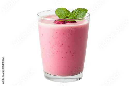 A refreshing pink smoothie topped with mint leaves and raspberry, served in a clear glass against a white background.