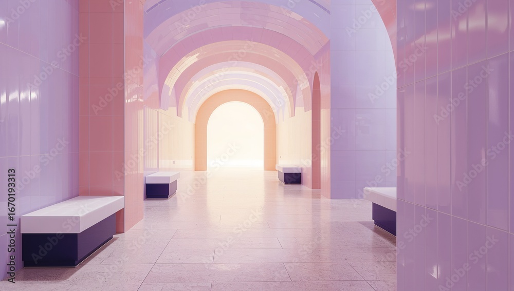 Fototapeta premium Corridor with arched architecture and pastel glowing light