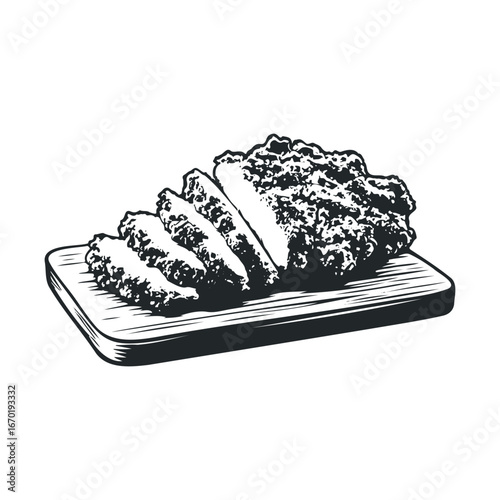 Sliced bread on wooden board in black and white illustration with crispy texture detailing