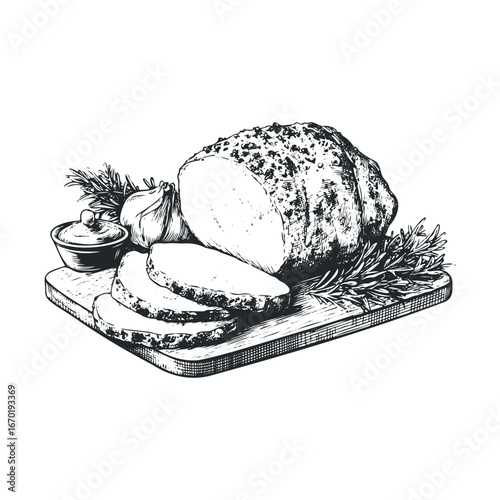 Rustic bread with rosemary and garlic on wooden board sketch