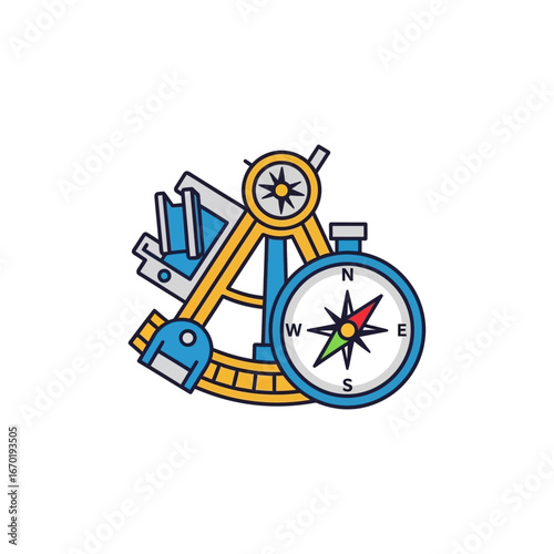 Navigation tool with compass illustrating guidance and direction for explorers sailors or cartography projects against a white backdrop.